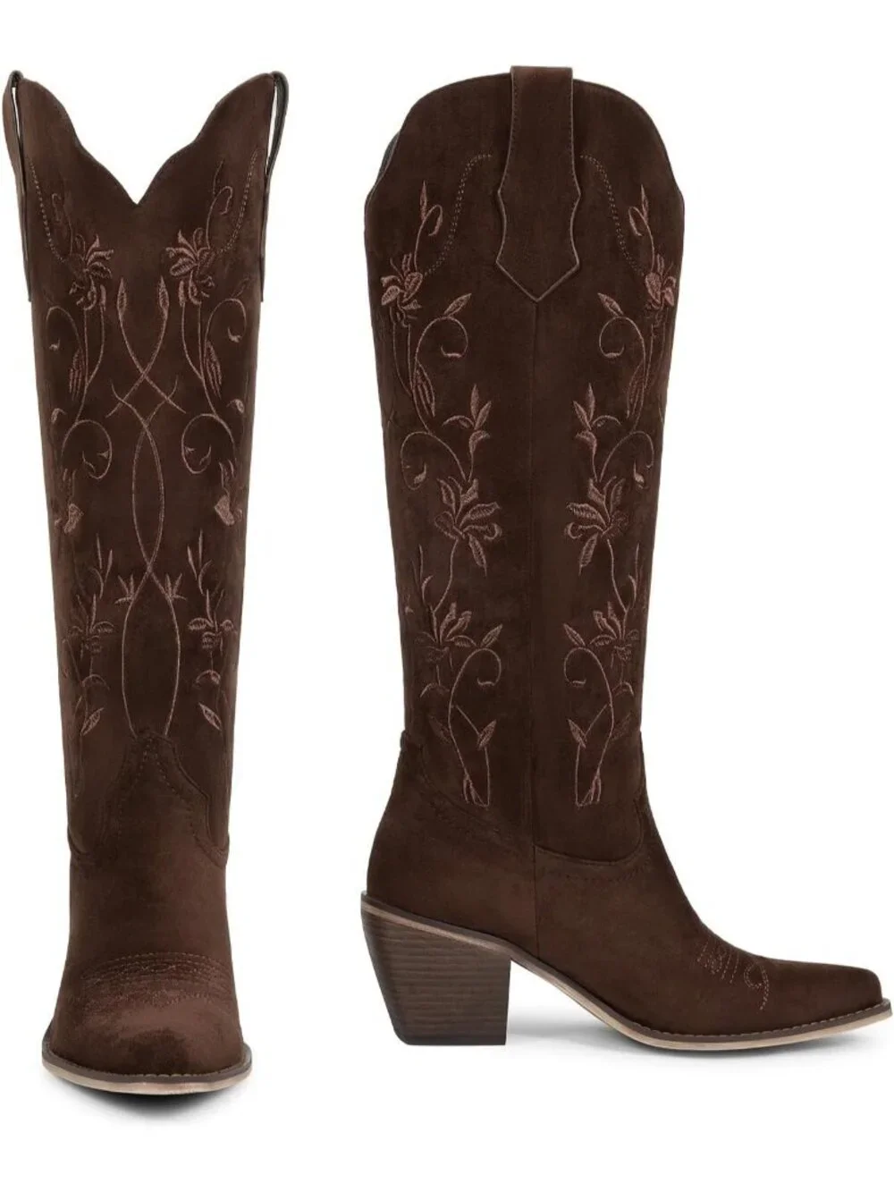 Women's Suede Chocolate Cowboy Knee High Cowgirl Boots Pointed Toe Chunky Heels